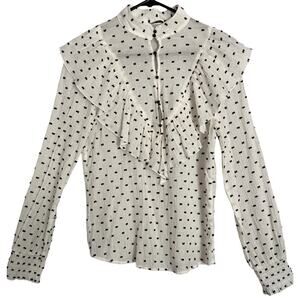 Zara Womens Top Size M White Long Sleeve High Neck Embroidery Ruffle Button Det